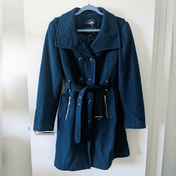 Dark blue green wool blend coat - Picture 1 of 9